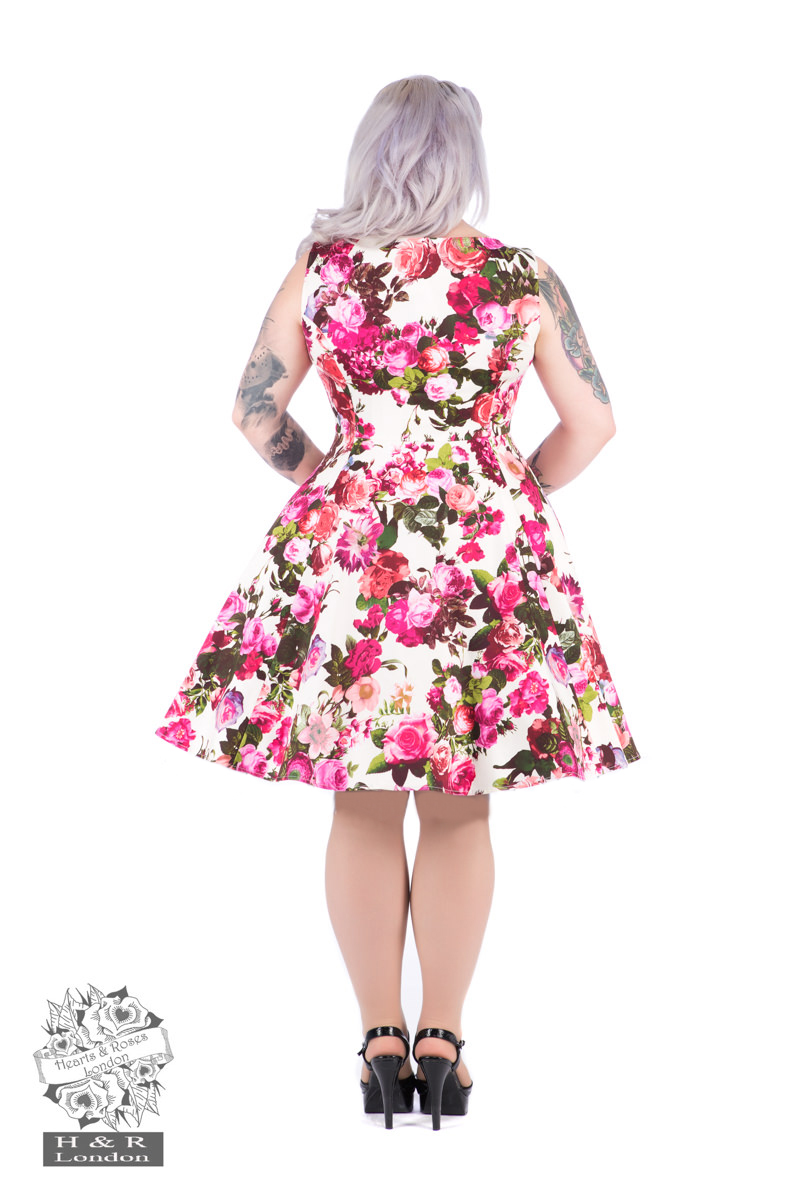 Audrey 50s Cream Floral Swing Dress in Plus Size